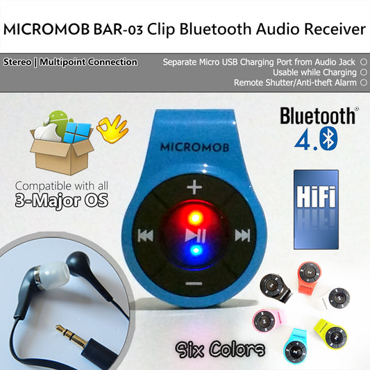 MICROMOB BAR-03 蓝牙立体声音频接收器、蓝牙耳塞/耳机/耳机/扬声器、遥控快门。带麦克风的无线多点可充电发射器